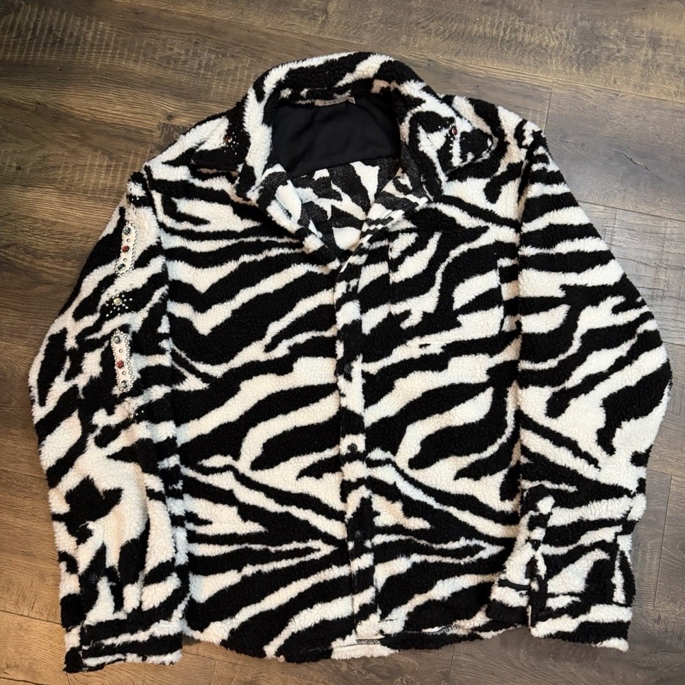 MNML Unisex XXXL Zebra Sherpa Jacket Rhinestone Black White Streetwear 3XL